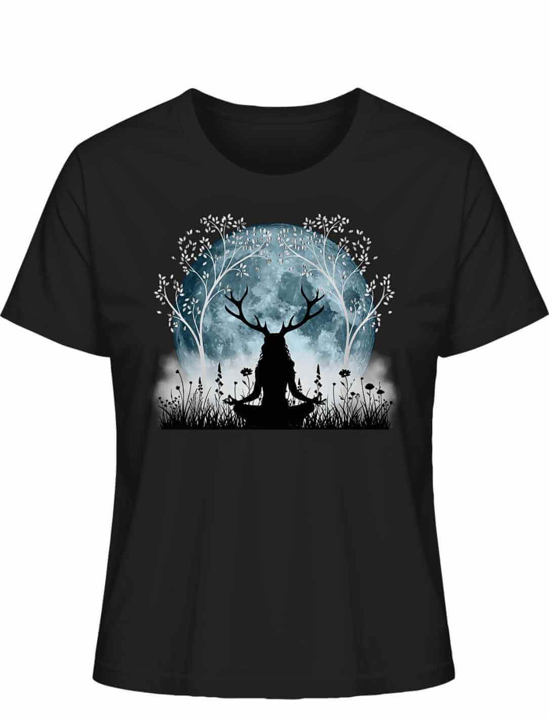 Organic Damen T-Shirt „Druidin der silbernen Wälder“ in Schwarz mit magischem Mond- und Baum-Motiv.