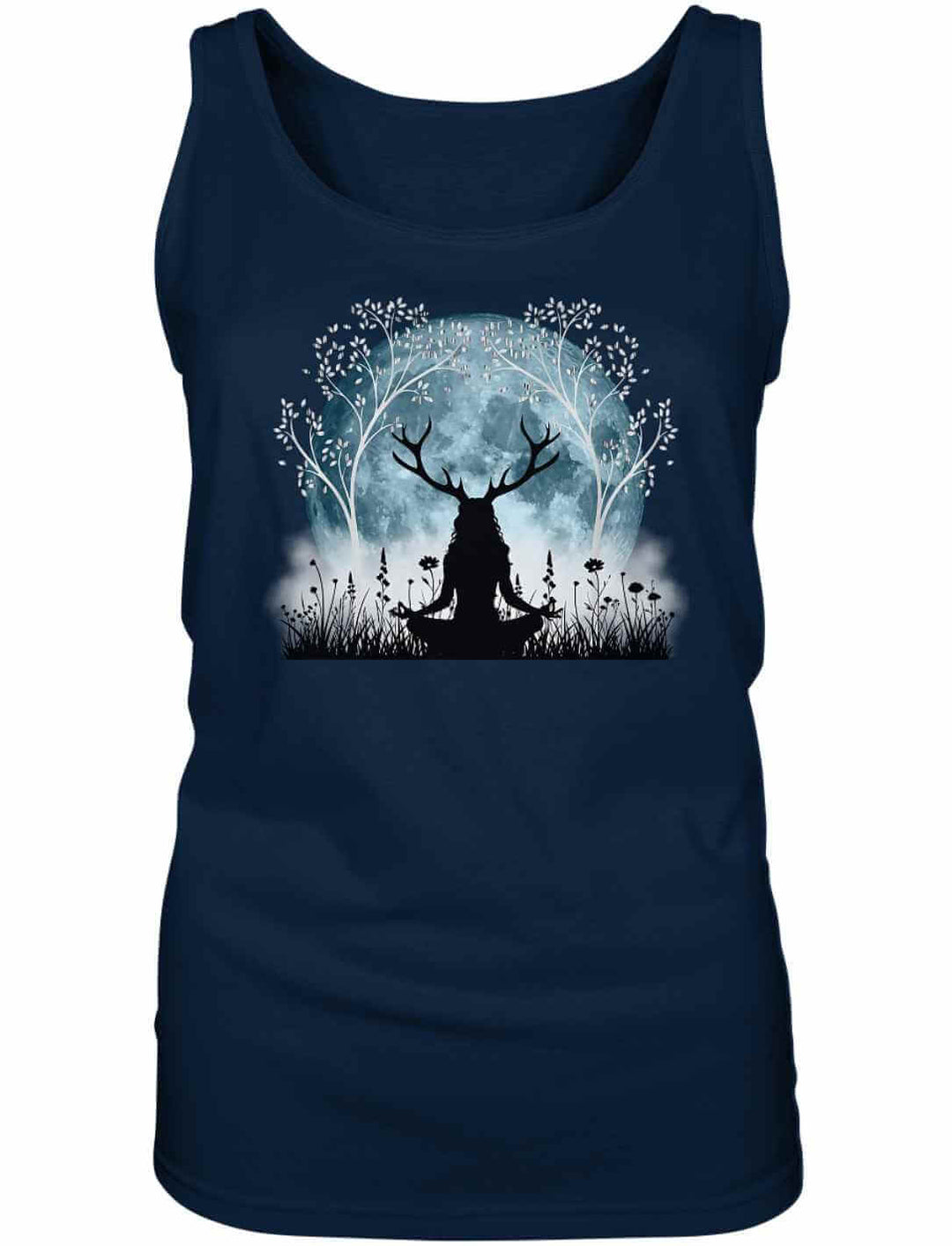 Tiefblaues Damen Tank Top mit Druidin-Silhouette, Lebensbaum und Mondschein – inspiriert von keltischer Mystik