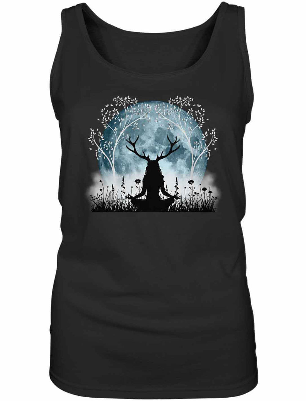 Damen Tank Top in Schwarz mit Druidenmotiv, Lebensbaum und silbernem Vollmond – Runental Design