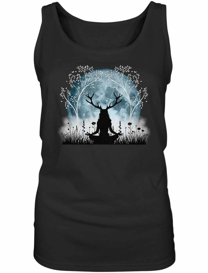 Damen Tank Top in Schwarz mit Druidenmotiv, Lebensbaum und silbernem Vollmond – Runental Design