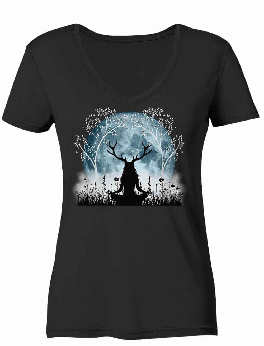 Vorderansicht des Damen V-Neck Shirts in Schwarz mit Druidin-Motiv und silbernem Lebensbaum