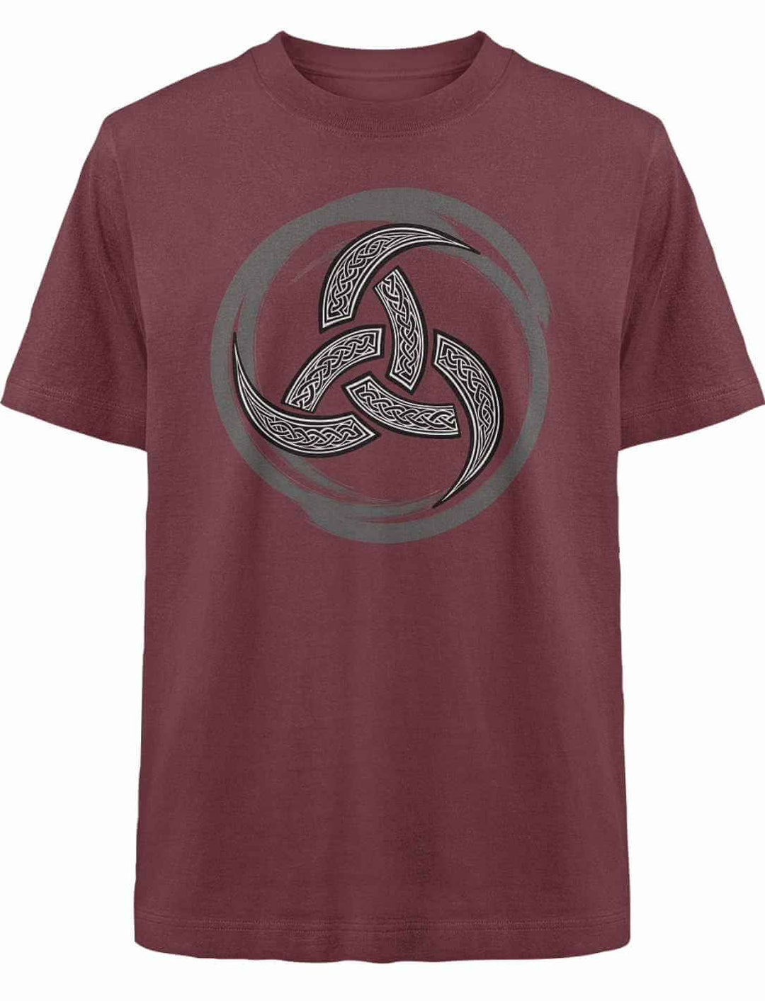 Oversized T-Shirt in Burgundrot mit Triquetra-Print – mystisch und kraftvoll im Design.