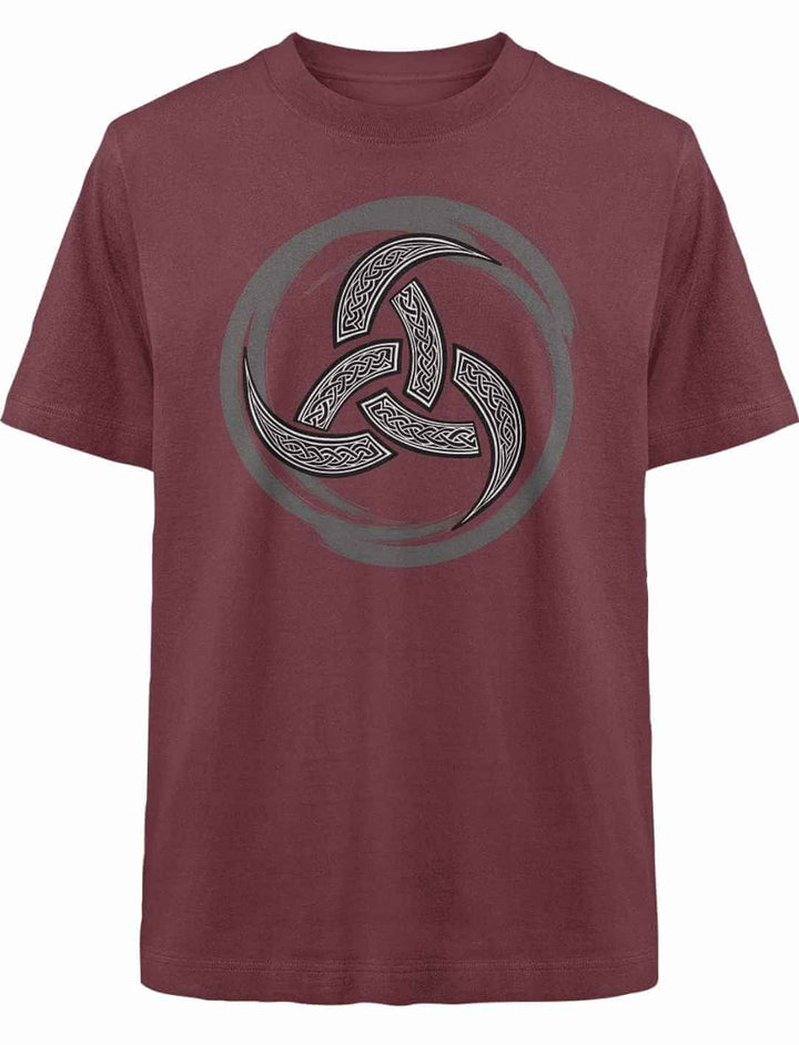 Oversized T-Shirt in Burgundrot mit Triquetra-Print – mystisch und kraftvoll im Design.