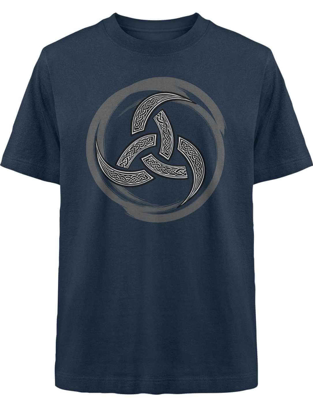 Dunkelblaues Oversized T-Shirt mit Triquetra-Muster, traditionell und stilvoll.
