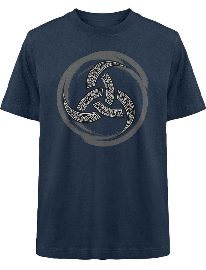Dunkelblaues Oversized T-Shirt mit Triquetra-Muster, traditionell und stilvoll.