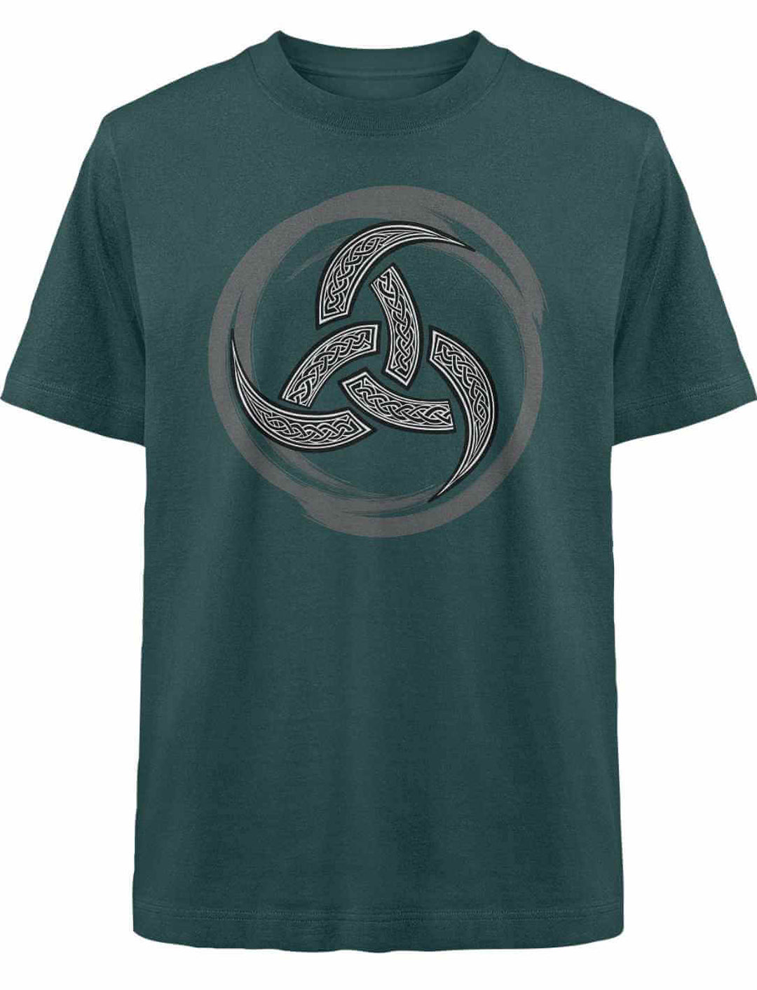 Grünes Oversized Bio-T-Shirt mit Triquetra-Symbol – modernes Design trifft keltisches Erbe.
