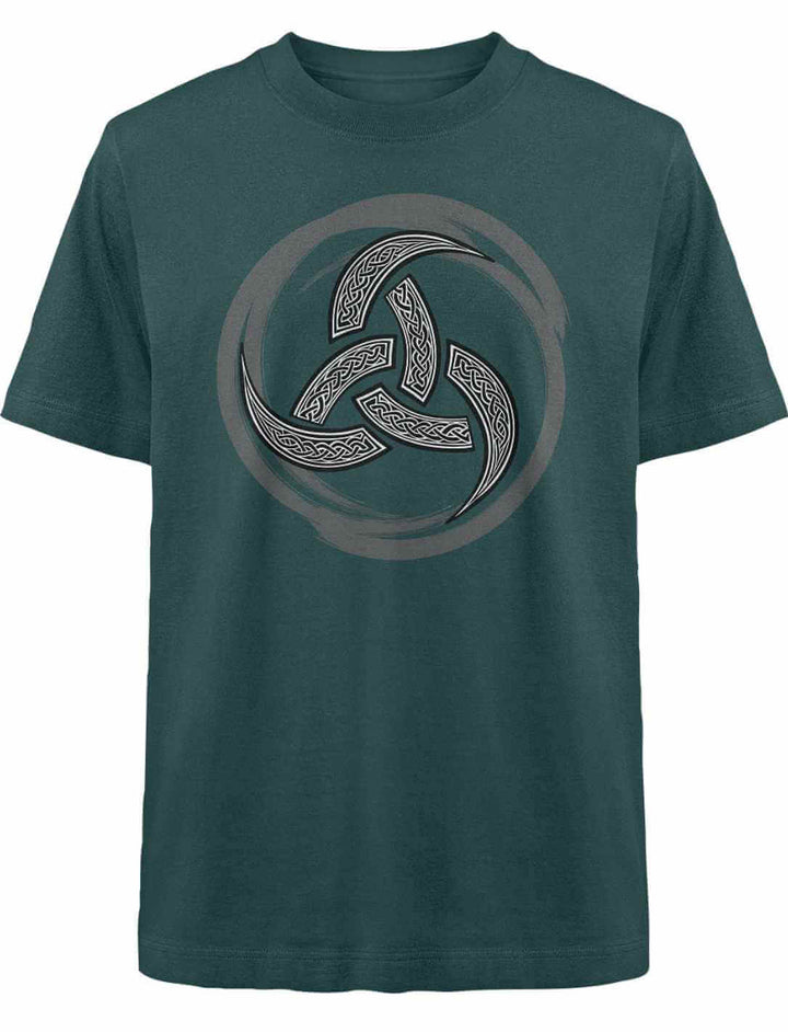 Grünes Oversized Bio-T-Shirt mit Triquetra-Symbol – modernes Design trifft keltisches Erbe.