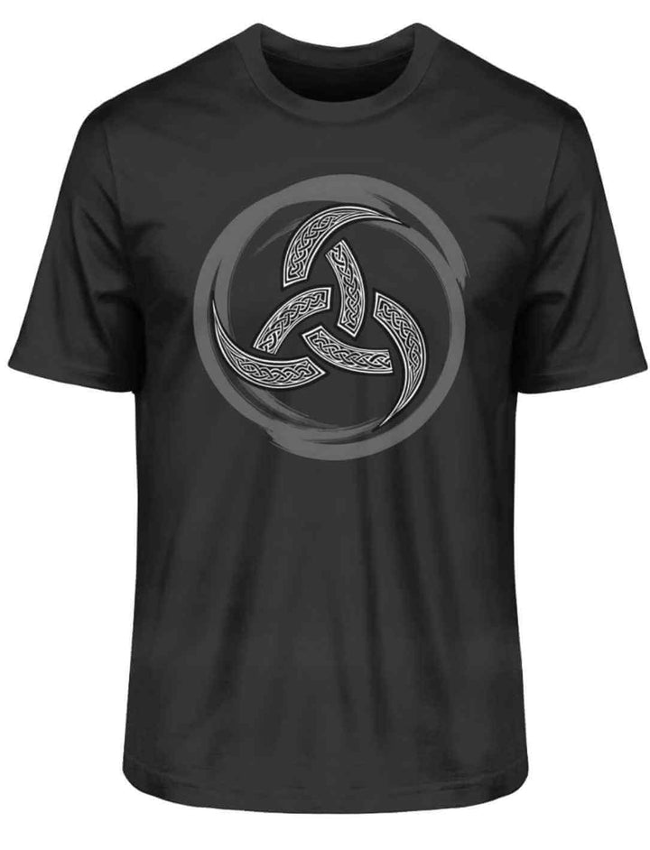 Schwarzes Unisex Bio T-Shirt mit keltischem Triquetra-Motiv auf Vorderseite
