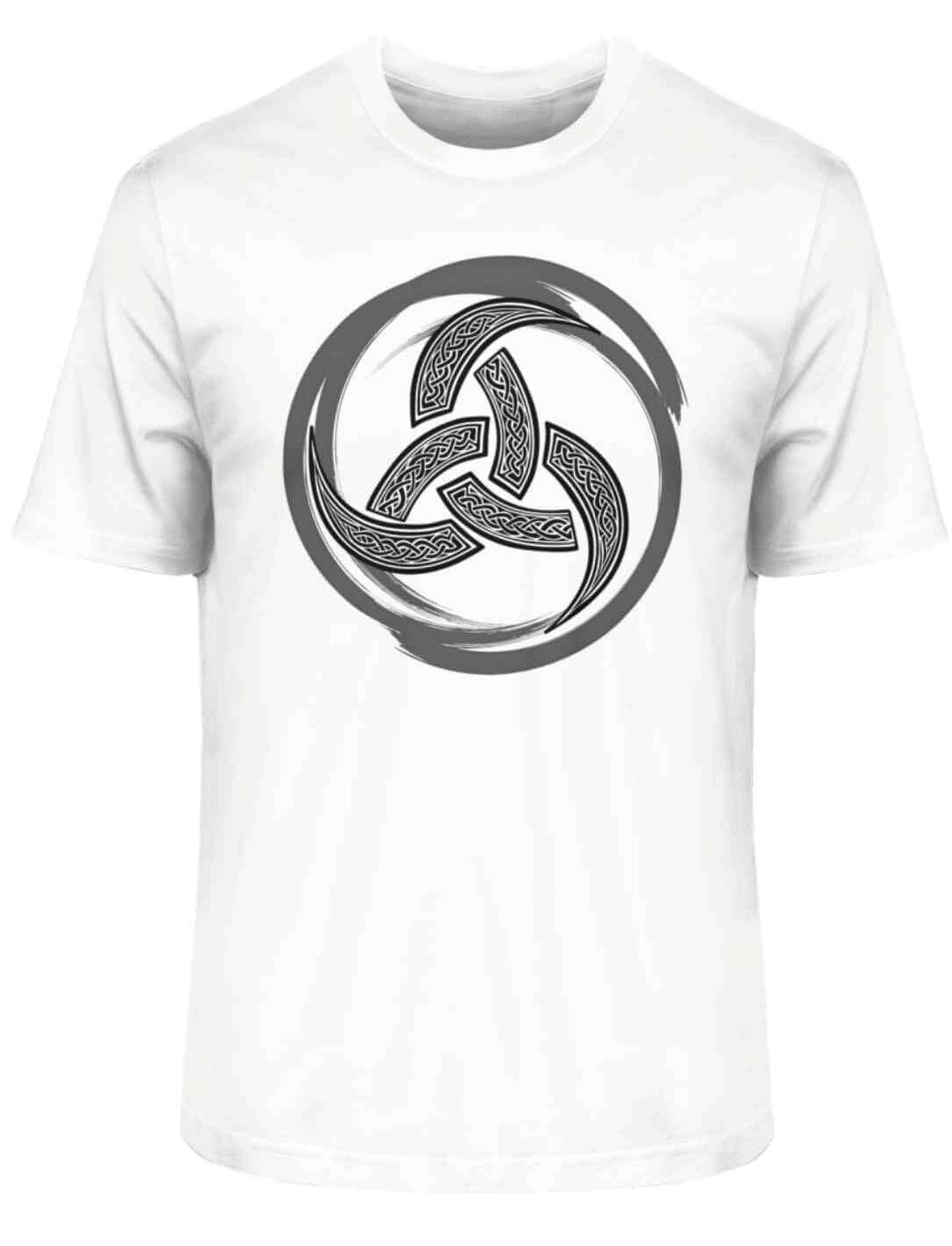 Weißes Bio-T-Shirt mit schwarzem Triquetra-Motiv – keltisches Design im Runental-Stil