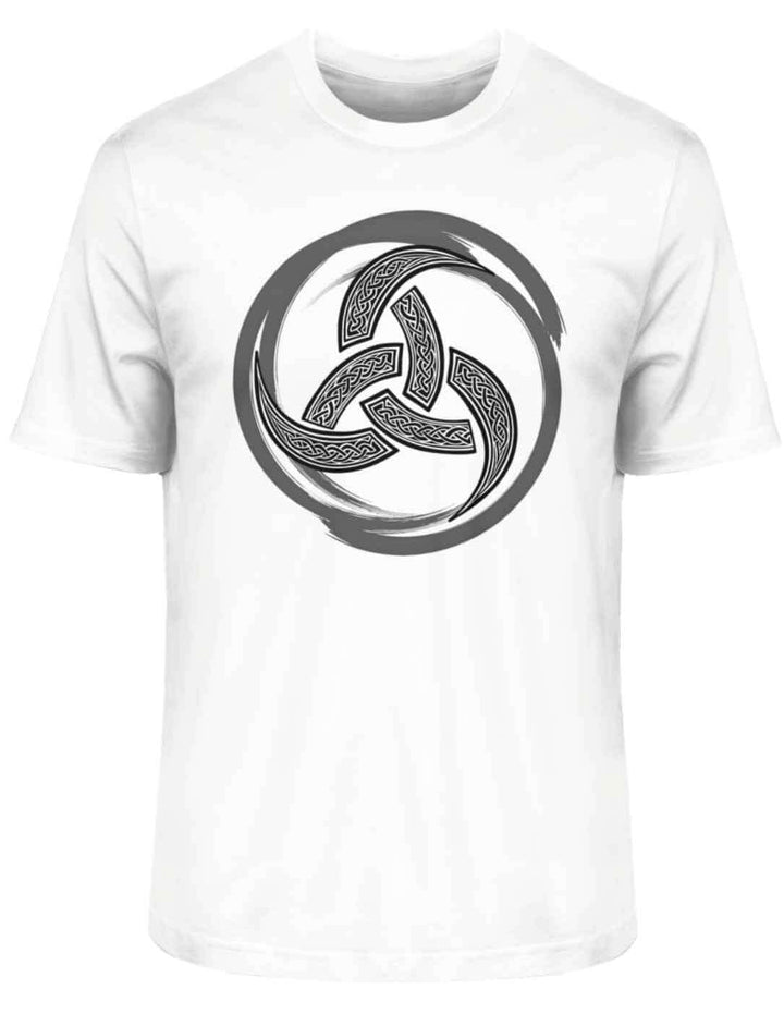 Weißes Bio-T-Shirt mit schwarzem Triquetra-Motiv – keltisches Design im Runental-Stil