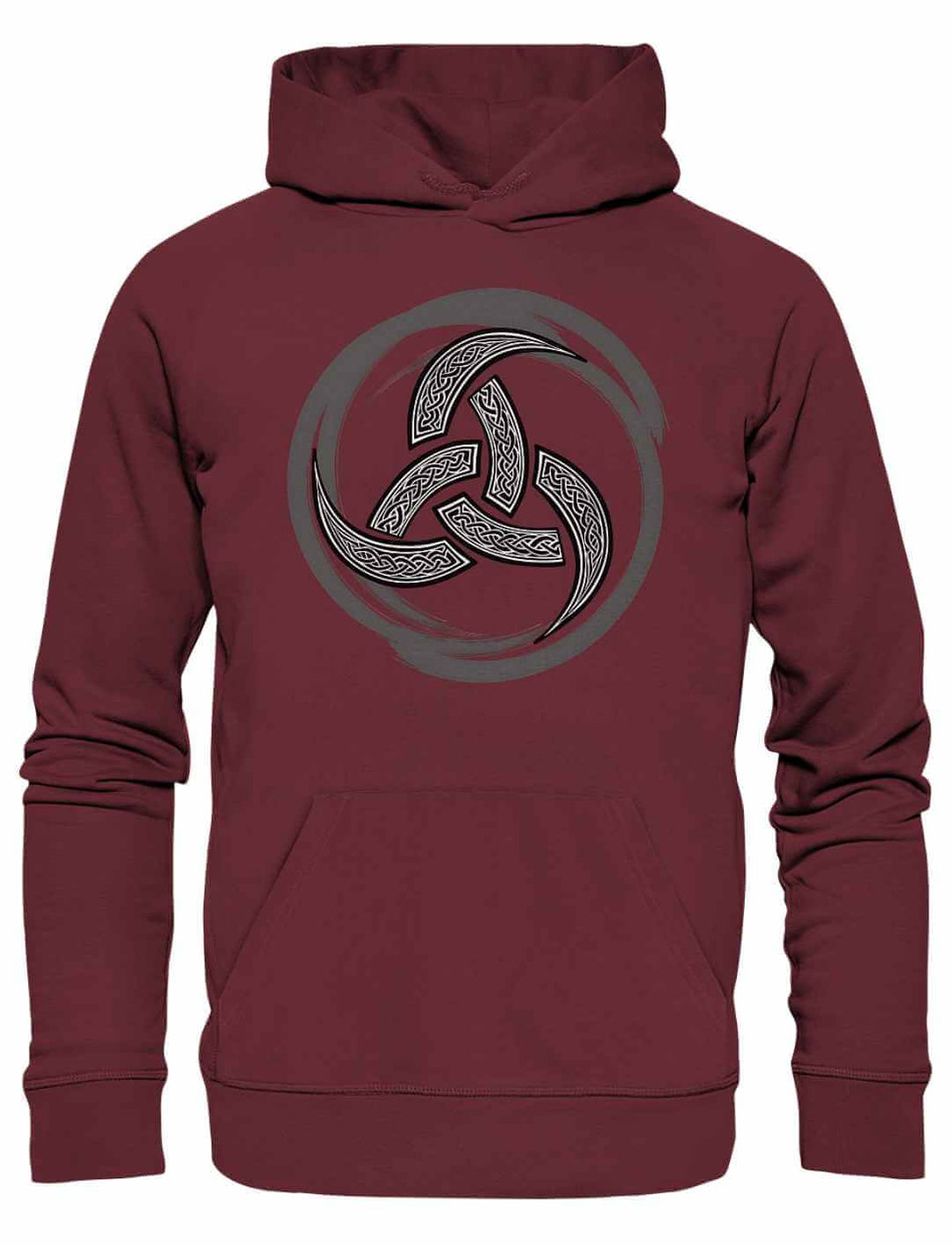 Burgunderroter Hoodie mit silbergrauem Triquetra-Print – Unisex-Kapuzenpullover mit keltischem Symbol für einen markanten, spirituellen Look.