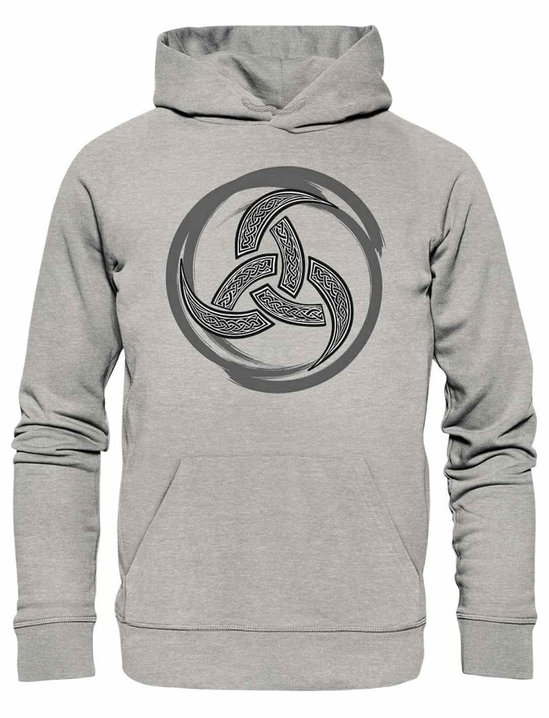 Heather-Grey Hoodie mit aufgedrucktem Triquetra-Zeichen in dunklem Grau – keltisches Motiv für einen dezenten, stilvollen Look.