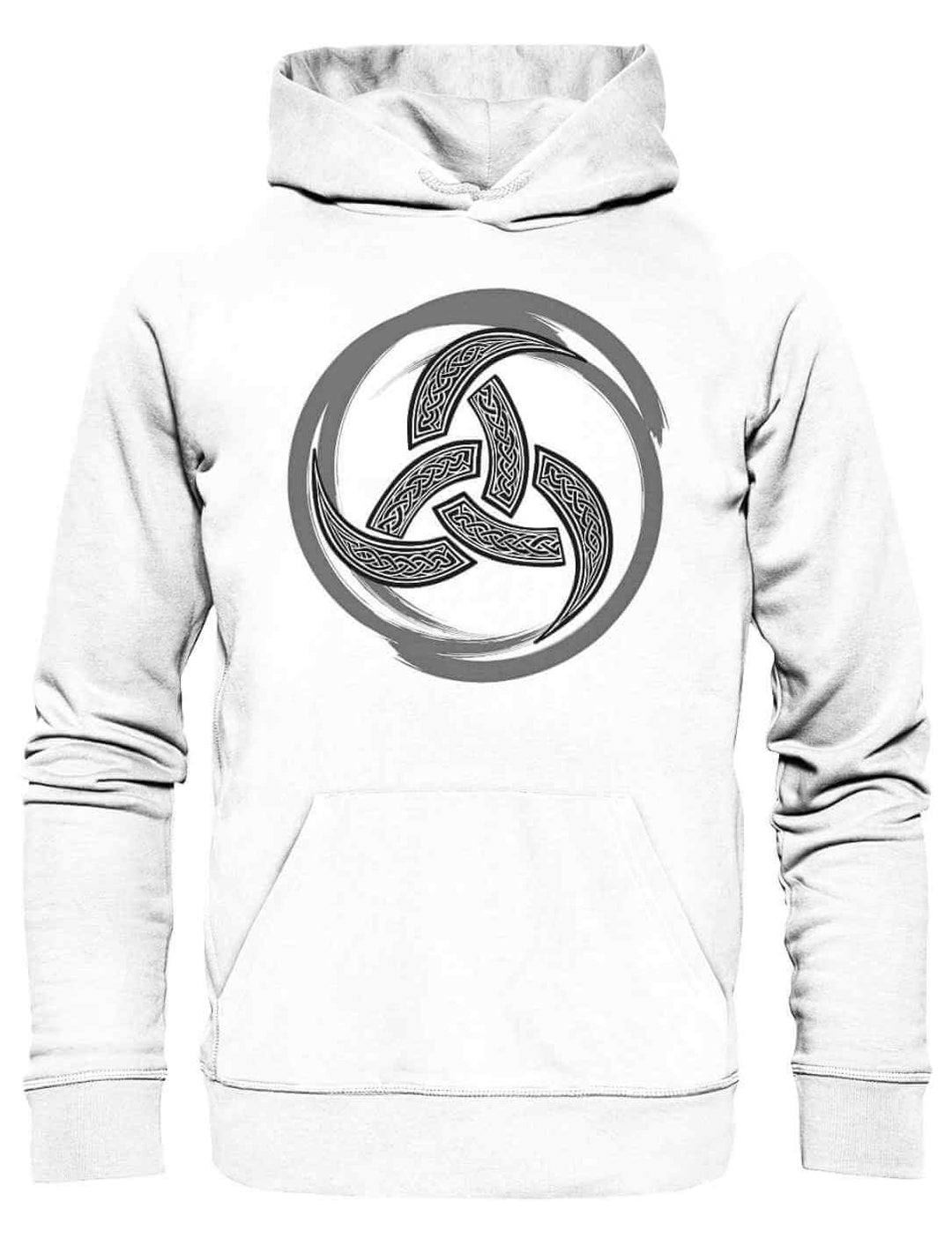 Weißer Hoodie mit keltischem Triquetra-Symbol in kontrastierendem Schwarz – unisex tragbar, ideal für mystisch inspirierte Outfits.