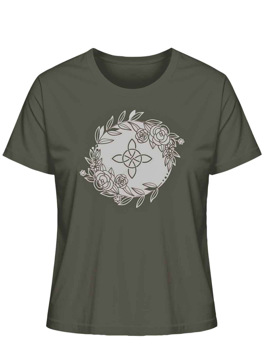 Liegedarstellung eines 'Eriu Witch Knot'-T-Shirts in Khaki mit einem hervorgehobenen keltischen Knoten- und Hexensymbol-Design.