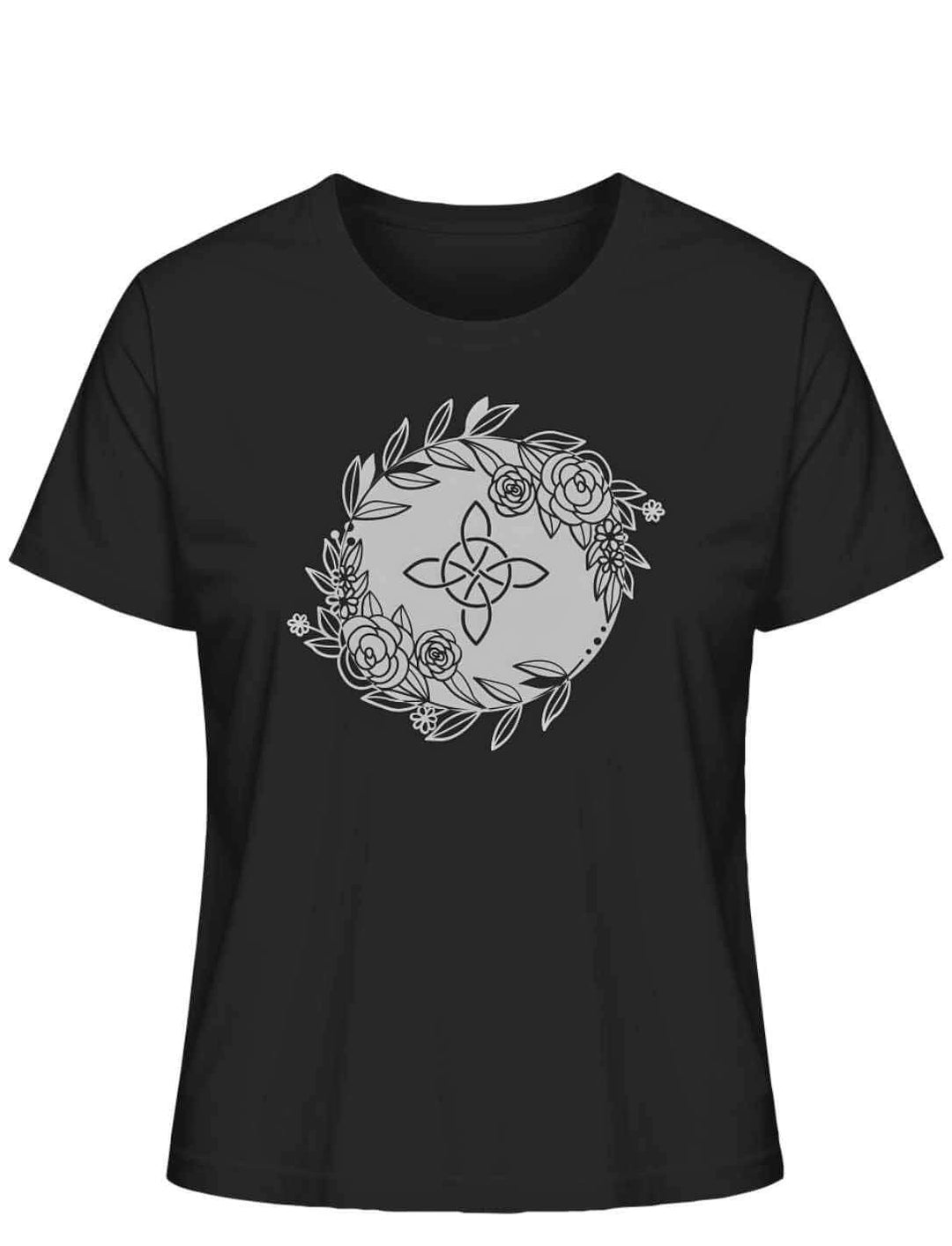 Liegedarstellung eines schwarzen 'Eriu Witch Knot'-T-Shirts mit keltischem Knoten- und Hexensymbol-Design auf weissem Hintergrund