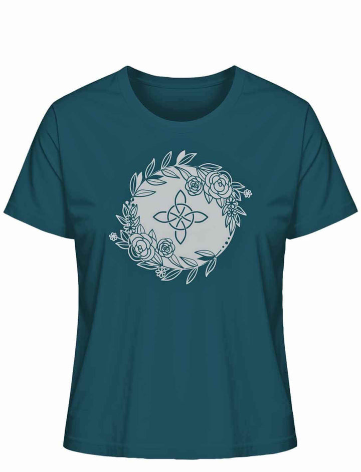 Liegedarstellung eines 'Eriu Witch Knot'-T-Shirts in Stargazer mit einem hervorgehobenen keltischen Knoten- und Hexensymbol-Design.