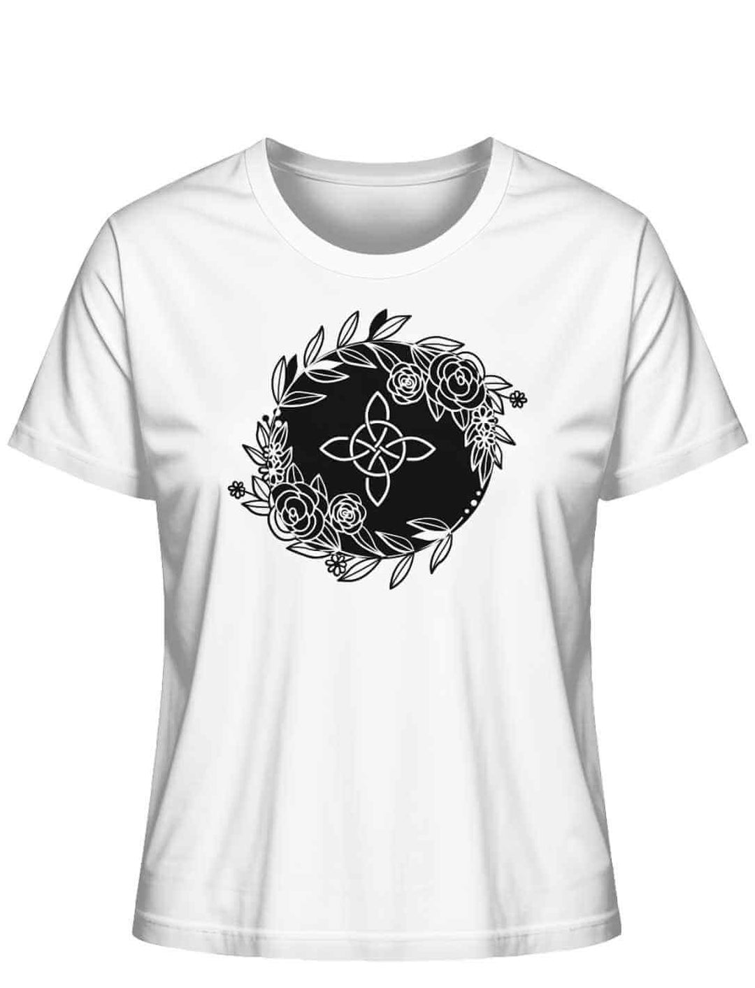 Liegedarstellung eines weissen 'Eriu Witch Knot'-T-Shirts mit einem kontrastierenden keltischen Knoten- und Hexensymbol-Design.