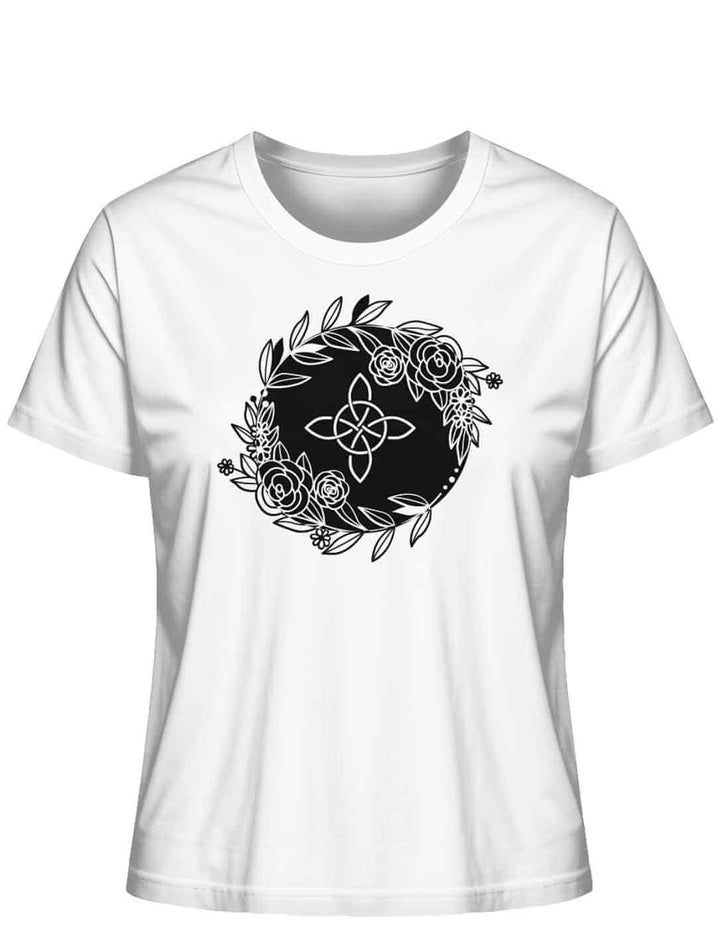 Liegedarstellung eines weissen 'Eriu Witch Knot'-T-Shirts mit einem kontrastierenden keltischen Knoten- und Hexensymbol-Design.