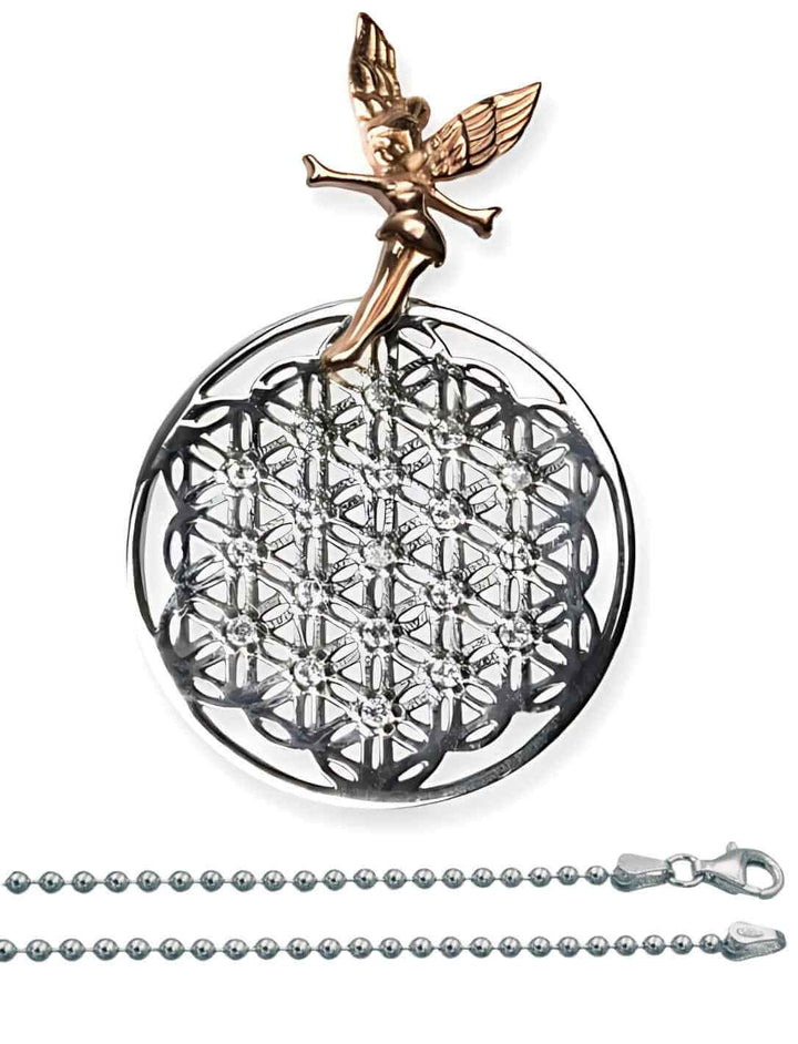 Elfensphäre des Lebens“ Anhänger – Blume des Lebens mit Elfenfigur aus rhodiniertem Silber und rotgoldenen Akzenten, fotografiert auf weißem Hintergrund, im SET mit Silberhalskette "Schimmerndes Kugelgeflecht"