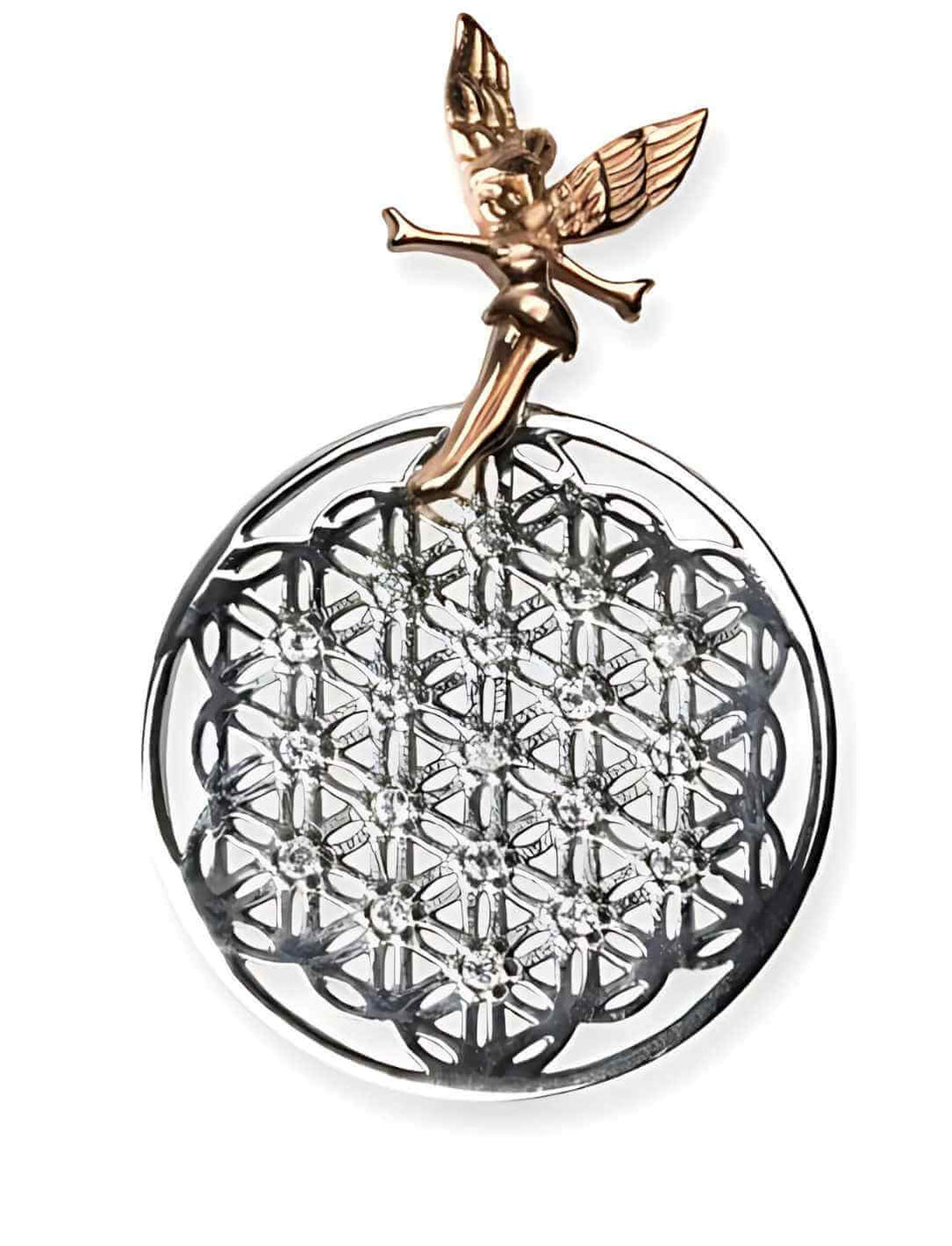 Elfensphäre des Lebens“ Anhänger – Blume des Lebens mit Elfenfigur aus rhodiniertem Silber und rotgoldenen Akzenten, fotografiert auf weißem Hintergrund.