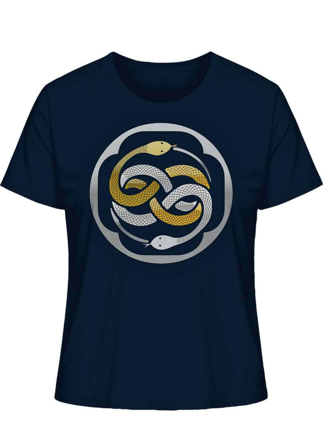 Navyblaues “Ewige Wuivre” Damen T-Shirt auf weißem Hintergrund, Frontalansicht – keltische Mystik in harmonischer, tiefblauer Eleganz.