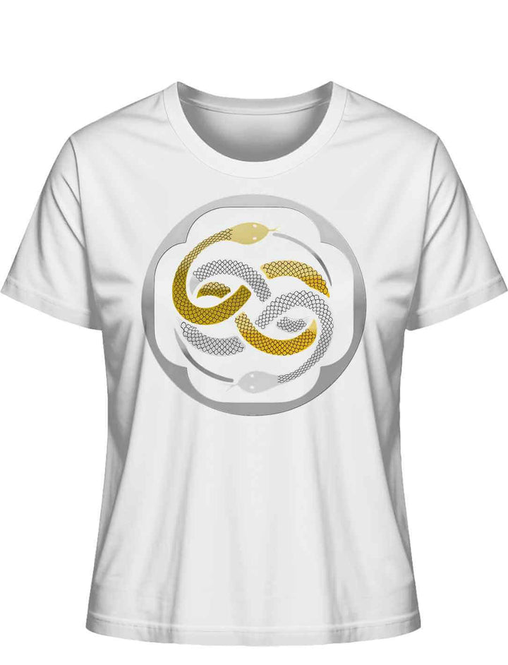 Weisses “Ewige Wuivre” Damen T-Shirt auf weissem Hintergrund, Frontalansicht – keltische Mystik und feminine Kraft vereint.