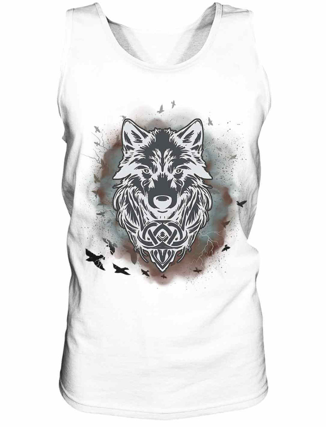 Das mystische Wolfsmotiv von Fenrir in kühlem Kontrast auf einem weißen Herren Tank-Top – perfekt für einen starken, nordischen Look.