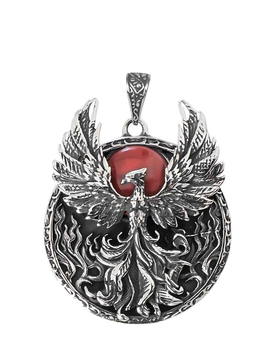 Phönix-Anhänger aus Edelstahl mit rotem Glasstein auf weißem Hintergrund – Symbol für Wiedergeburt
