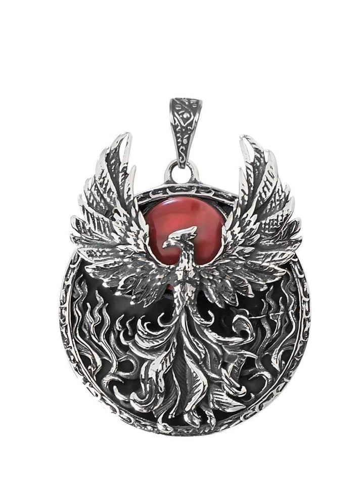 Phönix-Anhänger aus Edelstahl mit rotem Glasstein auf weißem Hintergrund – Symbol für Wiedergeburt