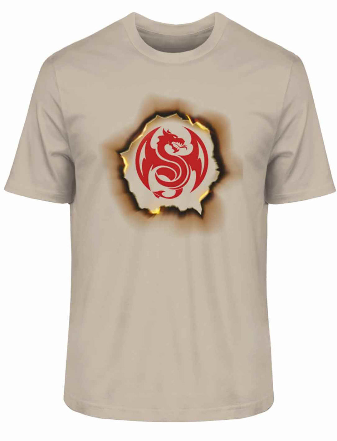 Flaming Dragon Heart T-Shirt in Desert Dust auf weißem Hintergrund