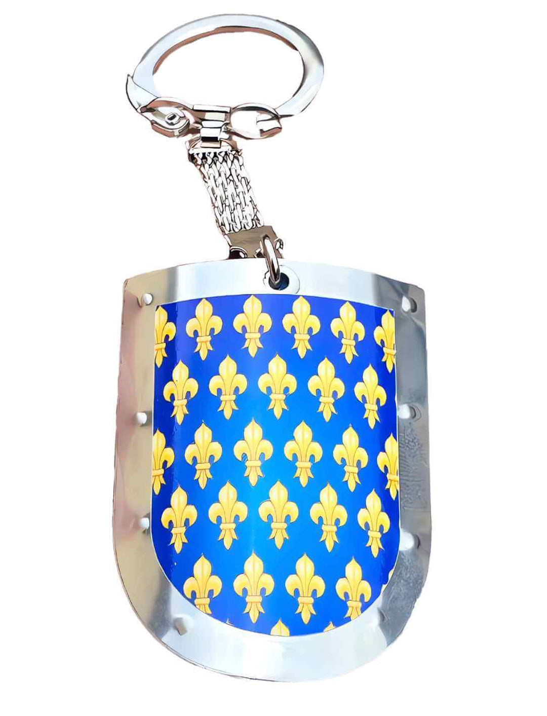 Handgefertigter 'Fleur de Lis Schild' Schlüsselanhänger auf einem weißen Hintergrund - elegantes Design und handwerkliche Präzision von Runental.de.