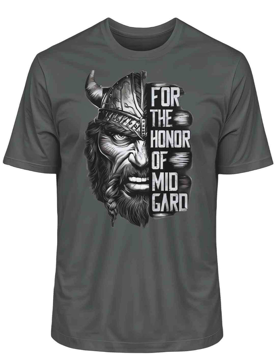 Anthrazitfarbenes 'The Honor of Midgard' T-Shirt auf weißem Hintergrund, präsentiert ein dunkles, eindrucksvolles Motiv, das Stärke und Standhaftigkeit symbolisiert.