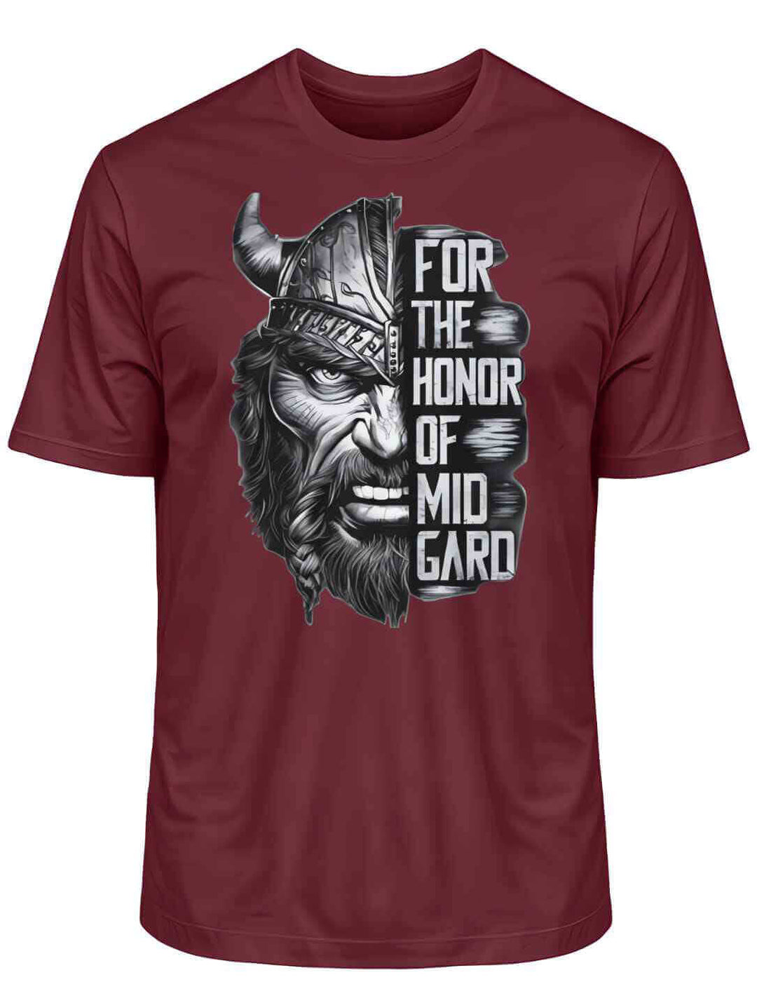 Burgundfarbenes 'The Honor of Midgard' T-Shirt auf weißem Hintergrund, das die Tiefe und den Mut der Wikingerkultur in einem stilvollen Ton zeigt.
