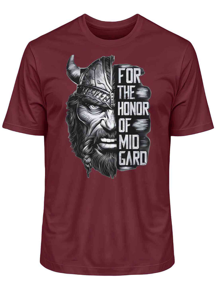 Burgundfarbenes 'The Honor of Midgard' T-Shirt auf weißem Hintergrund, das die Tiefe und den Mut der Wikingerkultur in einem stilvollen Ton zeigt.