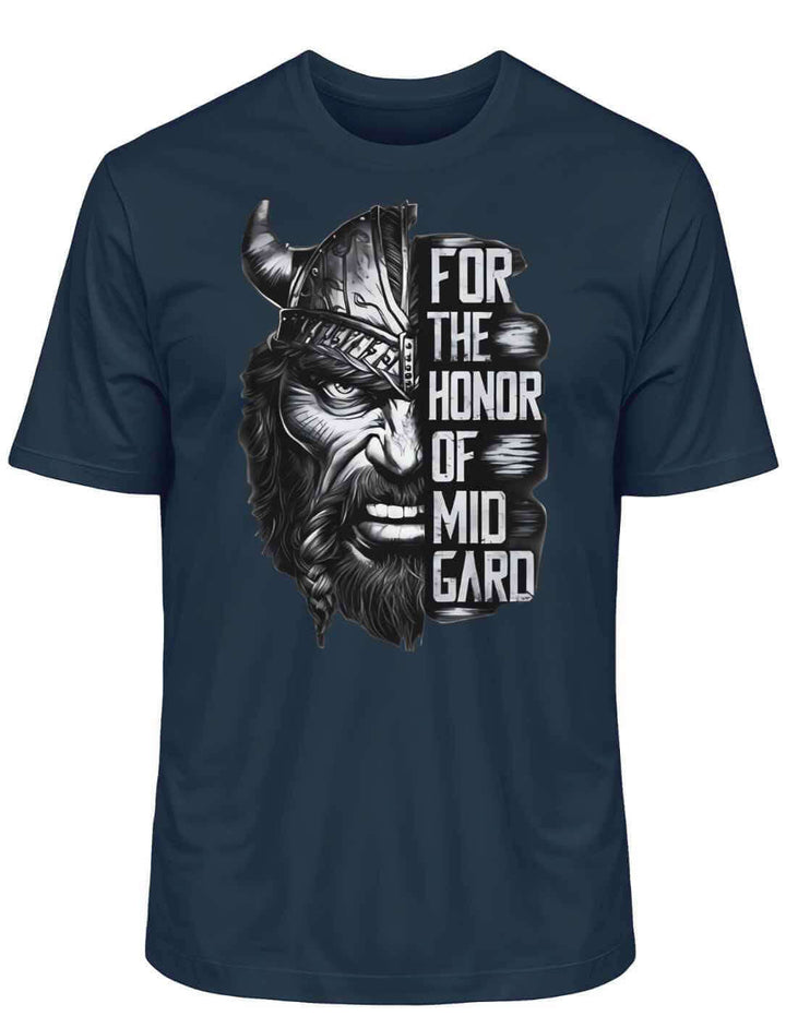Marineblaues 'The Honor of Midgard' T-Shirt auf weißem Hintergrund, strahlt die Ruhe und Weisheit der Meere aus, verbunden mit der nordischen Kriegsgeschichte.