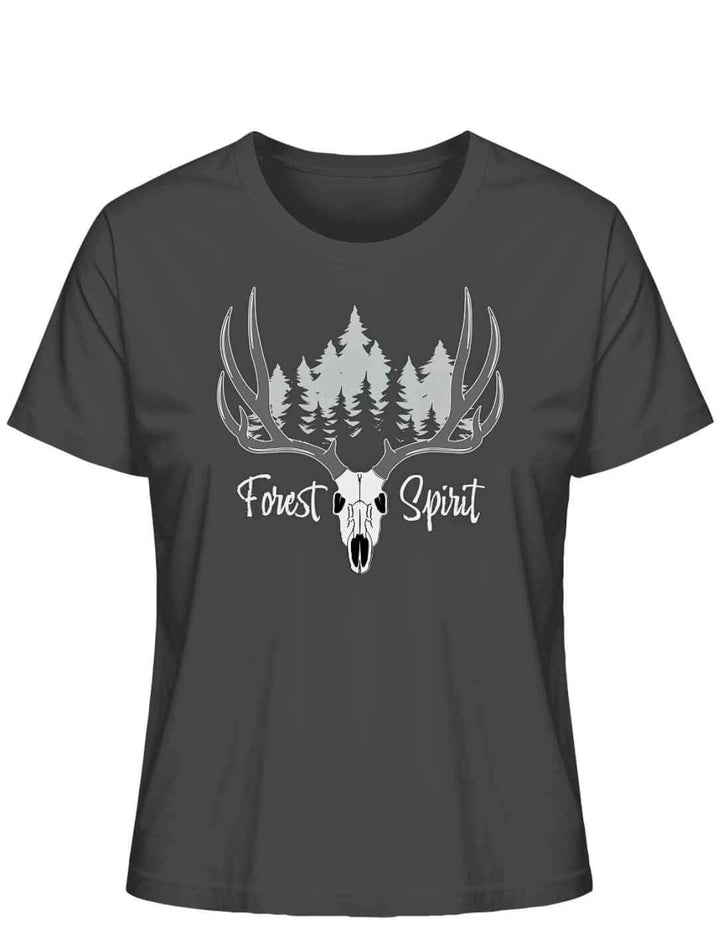 Anthrazitfarbenes “Forest Spirit” Damen-Shirt auf weißem Hintergrund – Dunkles Grau mit mystischem Waldmotiv und Hirschgeweih.