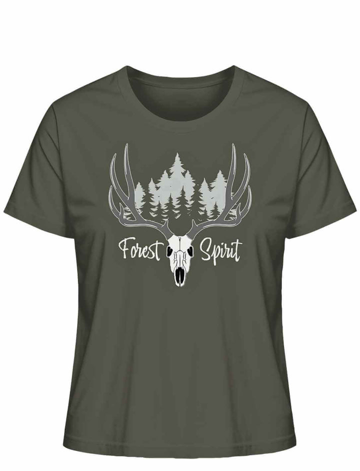 Khakifarbenes “Forest Spirit” Damen-Shirt auf weißem Hintergrund – Erdiges Khaki mit Wald- und Hirschgeweih-Design.