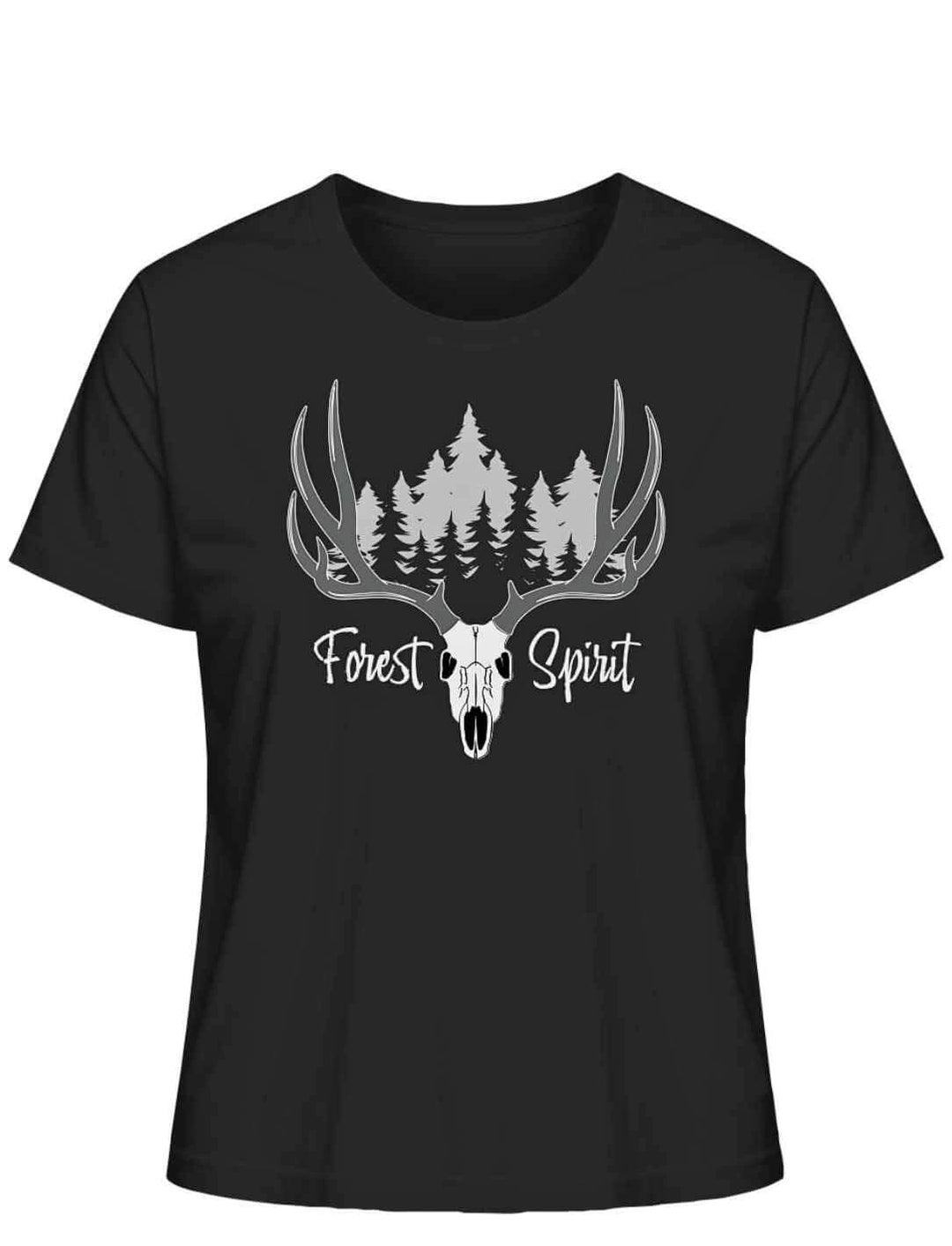Schwarzes “Forest Spirit” Damen-Shirt auf weißem Hintergrund – Mystisches Design mit Hirschgeweih und Waldmotiv.