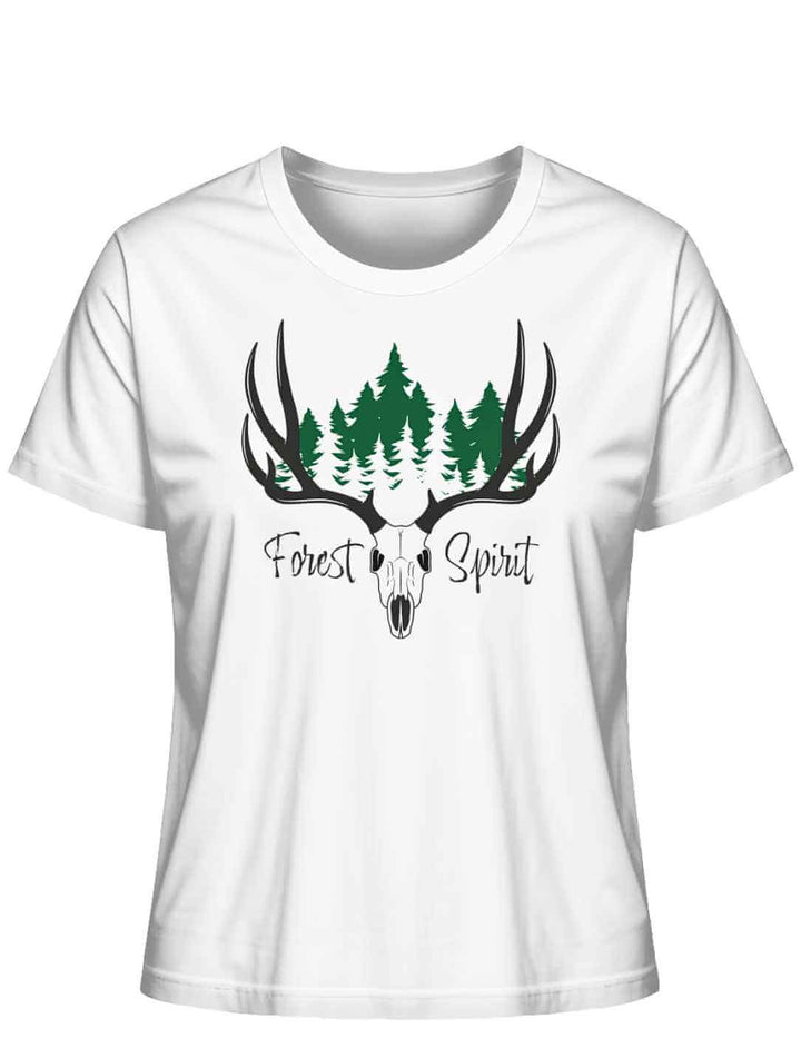 Weisses “Forest Spirit” Damen-Shirt auf weissem Hintergrund – Naturverbundenes Design mit Hirschgeweih und Waldmotiv.