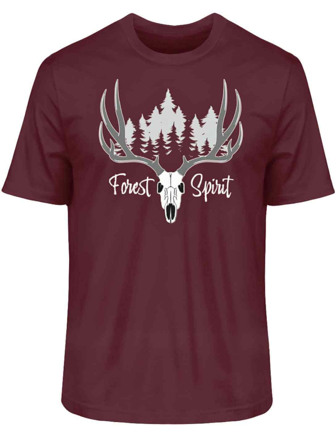 AuffĂ€lliges Forest Spirit T-Shirt in intensivem Burgund, setzt einen modischen Akzent, auf weiĂem Hintergrund.