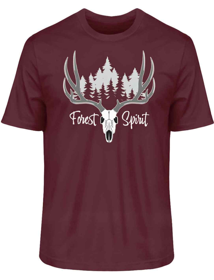 AuffĂ€lliges Forest Spirit T-Shirt in intensivem Burgund, setzt einen modischen Akzent, auf weiĂem Hintergrund.