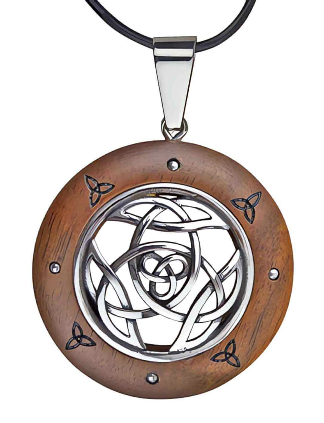 Keltischer Anhänger 'Geflecht der Elemente' aus Walnussholz und Edelstahl auf reinweißem Hintergrund – Runental.de