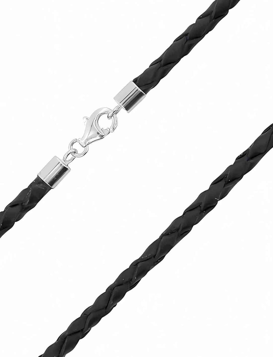 Geflochtene Lederkette mit Karabinerverschluss aus Edelstahl in schwarz, 3mm Durchmesser. Fotografiert auf weissem Hintergrund.