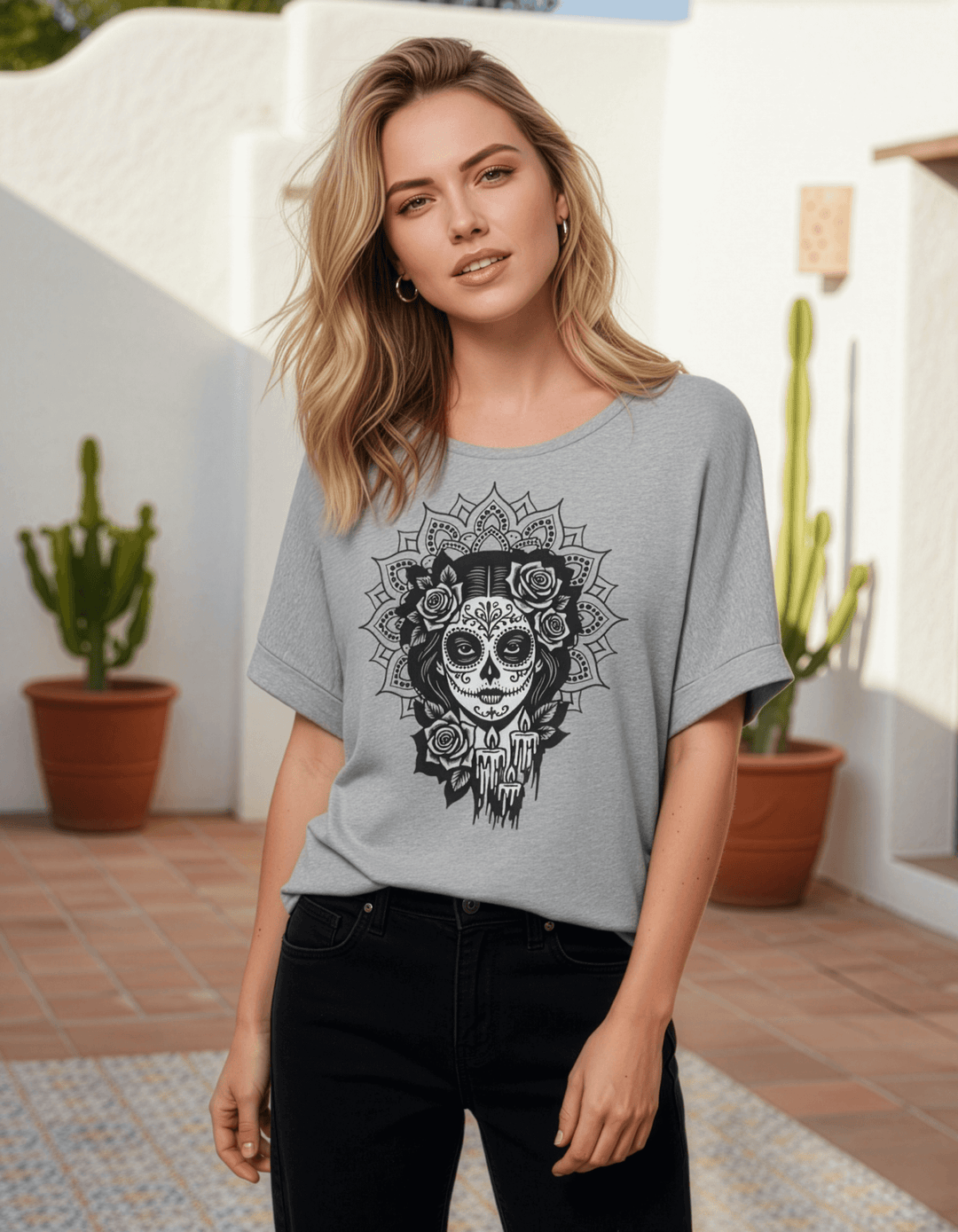 Frau trägt Heather Grey Damen Relaxed Shirt „Catrina de las Sombras“ – inspiriert von Mexico, Día de los Muertos und La Catrina