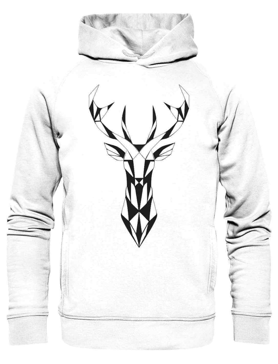Weißer Hoodie „Geometric Deer“ – Minimalistischer Hoodie mit geometrischem Hirsch-Motiv, perfekt für Naturliebhaber, auf weißem Hintergrund.