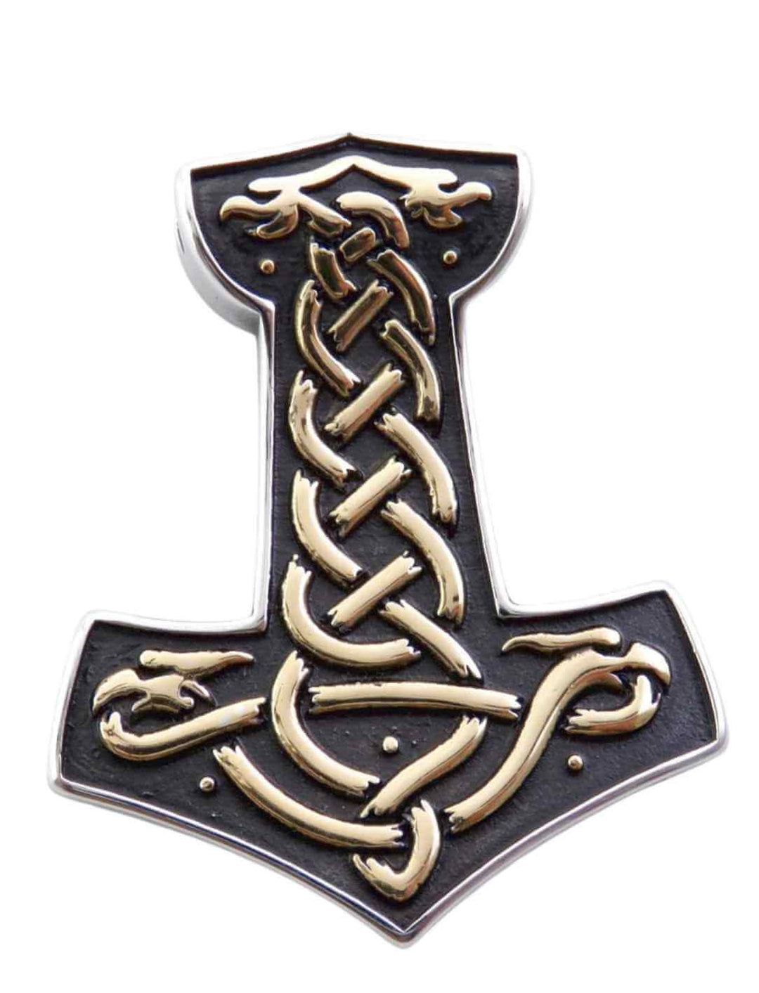 Detailansicht Hammer von Midgard – filigraner Edelstahl-Anhänger mit keltischer Knotenmuster-Gravur auf schwarzem Grund