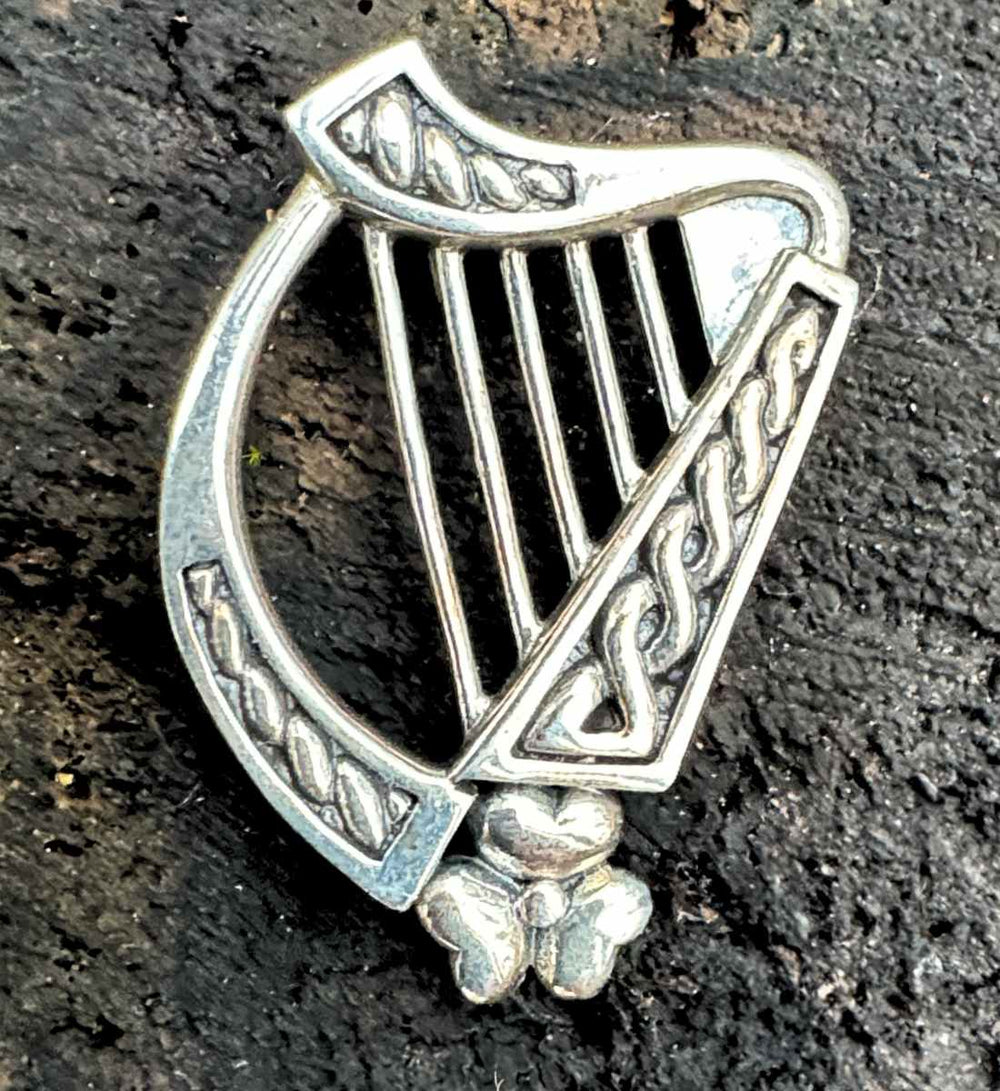 Harp of Tir na nOg Silberanhänger in der natürlichen Umgebung – ein Symbol keltischer Mythen und zeitloser Schönheit.