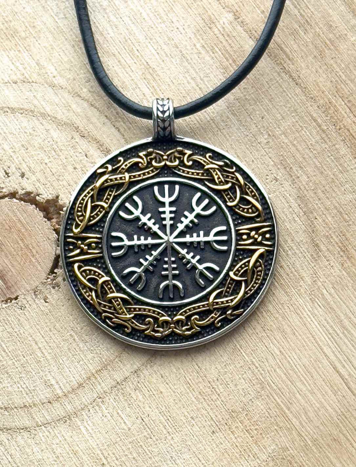 Anhänger Runenkreis von Valhalla aus Edelstahl mit Lederkette, Helm der Ehrfurcht Symbol.