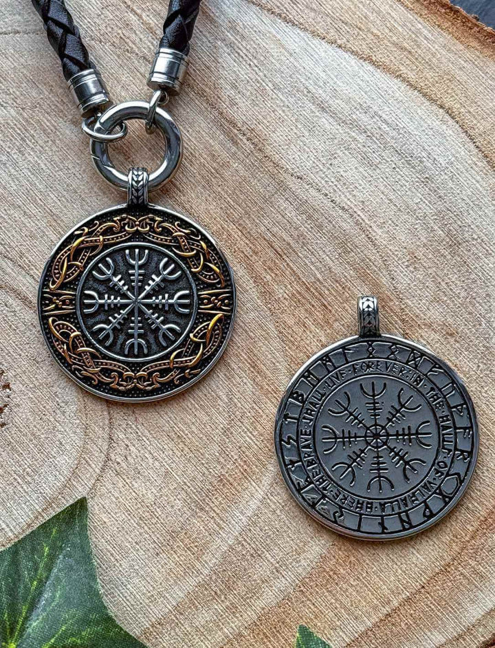Runenkreis von Valhalla Anhänger mit geflochtener Lederkette  – Helm der Ehrfurcht Symbolik, nordisches Schutzamulett.