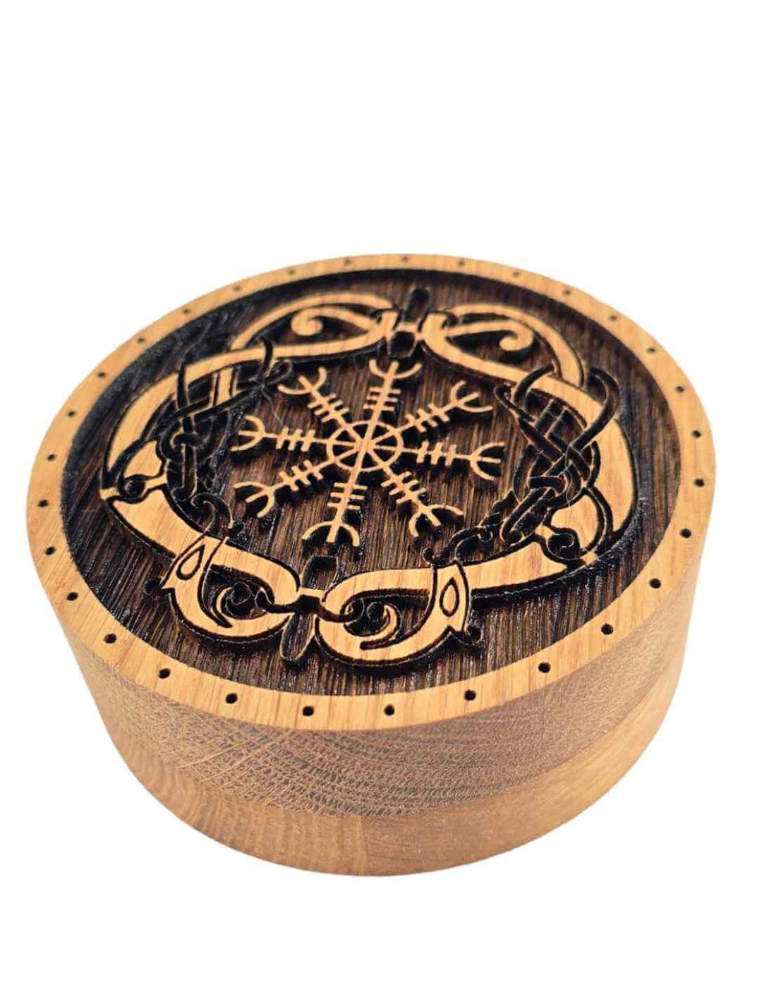 Detailaufnahme der geschlossenen Runental-Schatulle mit Helm der Ehrfurcht Gravur – zeitlose Optik für deinen Altar oder Nachttisch.